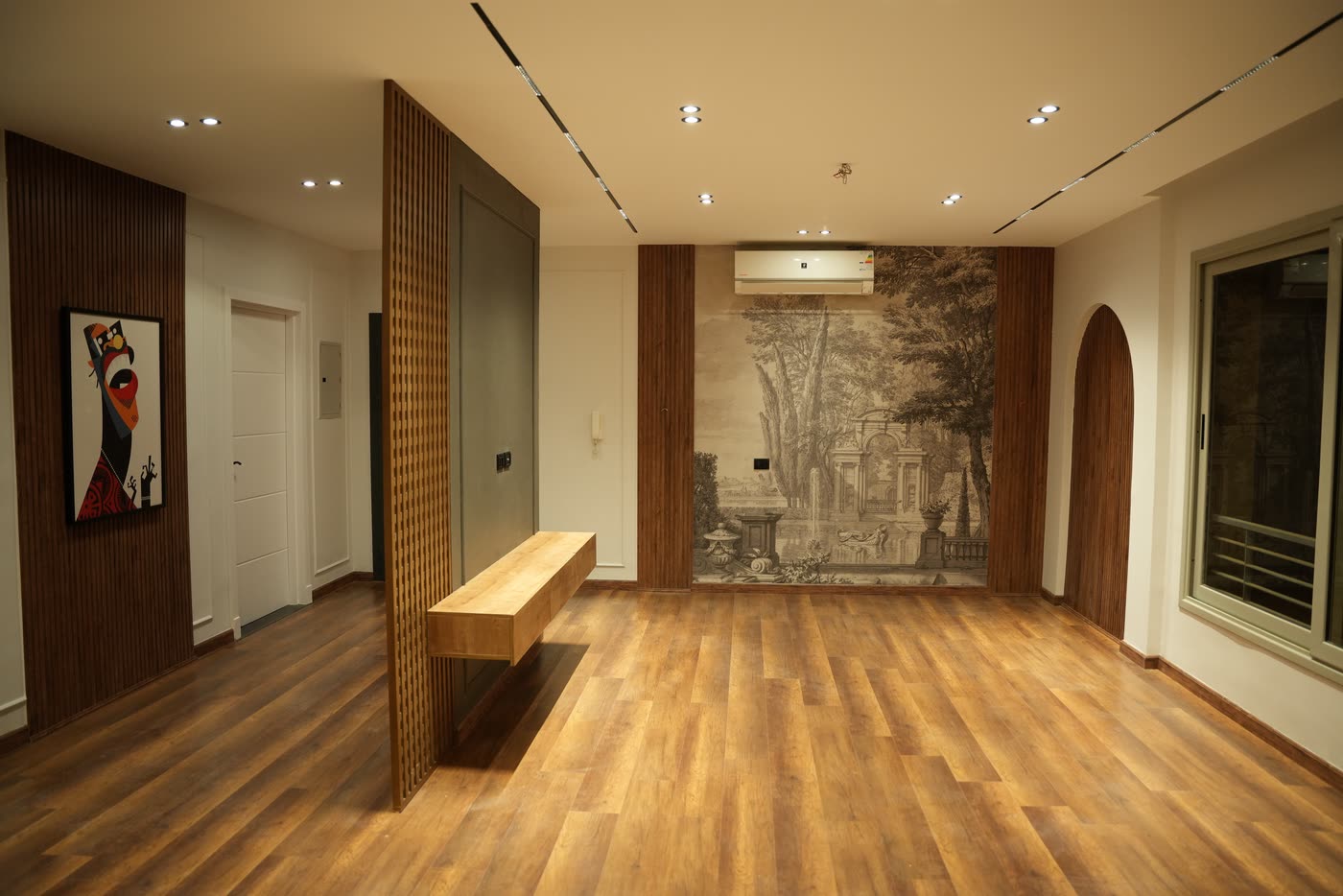 Palm Parks entrance with timber bench and mural wall